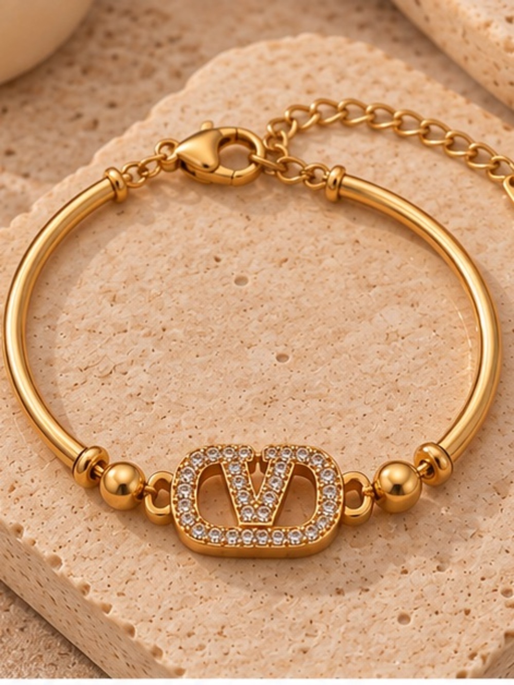 Gold Crystal V Logo Bracelet Designer Inspired Adjustable